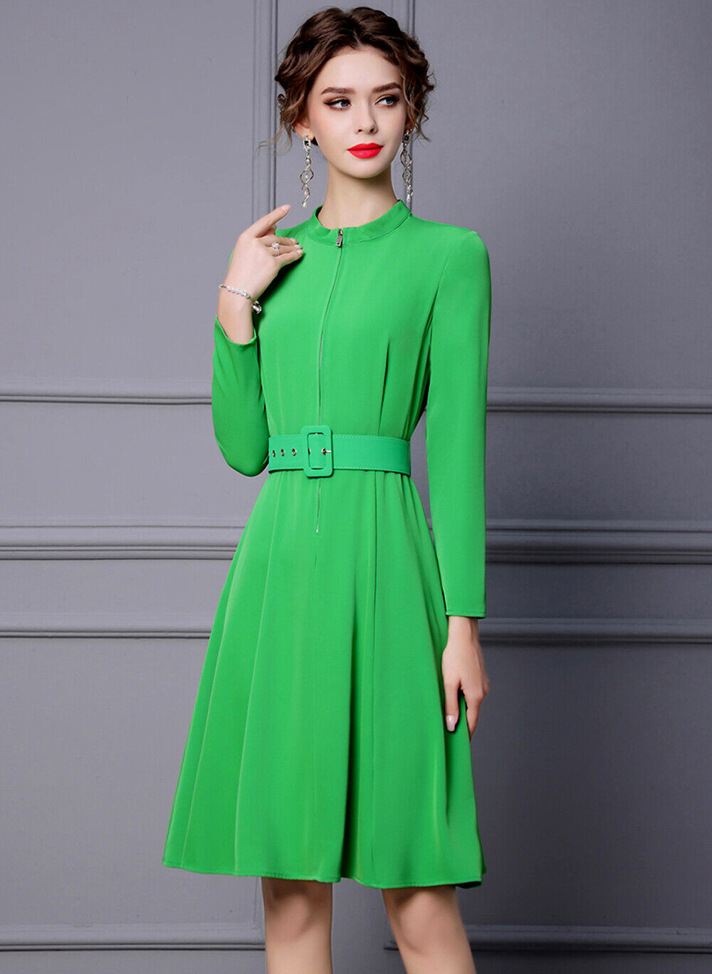Kate Middleton Inspired Green Belted High Neck Zip Front Fit-&-Flare Coat Dress Item image 5
