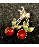 Vintage Silver Tone Rhinestones CHERRY Ruby Red Green Leaves Brooch Pin ... - $10.94