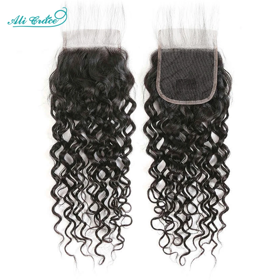 Brazilian hair water wave closure 4x4 swiss lace free middle part remy hair transparent thumb200