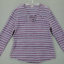 Ruff Hewn Women Shirt Size L Purple Preppy Stripe Laced V-Neck Long Sleeve Top - £9.91 GBP