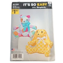 Simplicity A1191 Sewing Two Pattern Piece Animals 14" Bunny Teddy Bear 2015 UC - $10.77