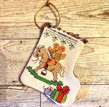 Tiny Miniature Cross Stitch Christmas Stocking Needlepoint Bear on Rocking Horse - £13.72 GBP