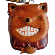 Cat w Fish Leather Wristlet Wallet Coin Purse Zip Close Charm Pouch Hand... - £14.23 GBP