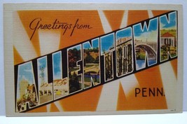 Greetings From Allentown Pennsylvania Large Big Letter Postcard Linen De... - $10.91