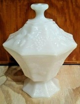 Vintage Milk Glass Compote Pedestal Dish w/Lid Grapes Leaves Unbranded  - £9.50 GBP