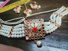 Indian Joharibazar GoldPlated Kundan Mirror Necklace Ethnic Earring Jewelry SetE - £15.38 GBP