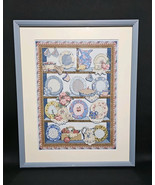 VTG Finished Framed Counted Cross Stitch Blue &amp; White China Cabinet Dish... - $94.52