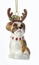 Glass Dog SHIH TZU Brown/Wht w/Antlers Dog Breed Christmas Ornament - £14.32 GBP
