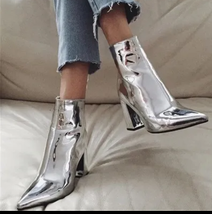  Metallic Silver Patent Leather Pointed Toe Block Heel Ankle Boots image 1
