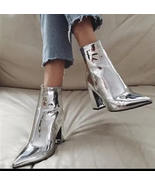 Metallic Silver Patent Leather Pointed Toe Block Heel Ankle Boots - £72.51 GBP
