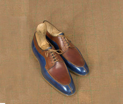 Men&#39;s Two Tone Oxford Blue Brown Whole Cut Premium Quality Leather Dress... - $149.99+