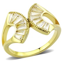 Unique Baguette Cut CZ Fan Design Split Band Gold Plated Wedding Bridal Ring - £51.69 GBP