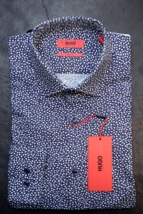 HUGO BOSS Uomo Kenno Slim Fit Blu a Macchie Cotone Camicia 38 15 - £50.72 GBP
