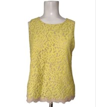 Ann Taylor Floral Lace Overlay Top Sz 6 Fringe Back Zip Yellow Beige Sle... - $14.20