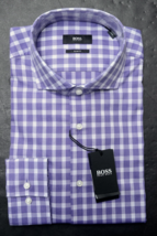 Hugo Boss Men&#39;s Jason Slim Fit Med Purple Check Cotton Dress Shirt 37 14.5 - £60.48 GBP