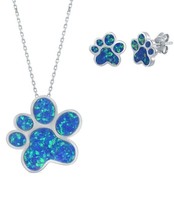 Sterling Silver Blue Opal Paw Print Necklace and Earrings Set - £67.55 GBP