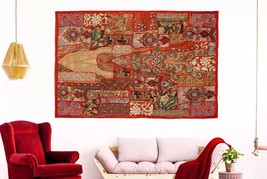 Indian Heavy Hand Embroidered Wall Hanging Vintage Zari Patchwork Beads Tapestry - £58.08 GBP