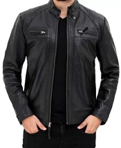 Men&#39;s Classic Diamond Quilted Genuine Sheepskin Black Leather Jacket - $119.99+