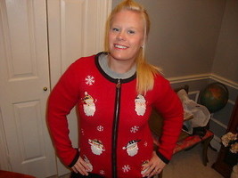 Ugly Tacky Christmas x mas Santa Claus Snow Flake zipper zip up Sweater M - £23.89 GBP