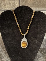 Tiger Eye & Silvertone 19” Beaded Necklace & Ornate Teardrop Pendant - £21.49 GBP