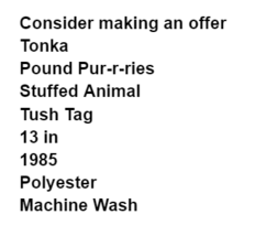 Tonka Pound Pur-r-ries Stuffed Animal 1985 Tush Tag Cat Plush Pets - £7.71 GBP