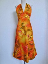 Vintage Sample Shop Waikiki Hawaiian Midi Dress S XS Halter Orange Mod Floral - £47.84 GBP