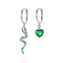 Silver Snake Love  Earring Real 925 Sterling Silver Green Heart CZ Hoop Earrings - £20.67 GBP