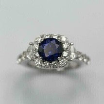 2.30 Ct Round Simulated Blue Sapphire 14k White Gold Plated Engagement Halo Ring - £81.15 GBP