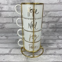 Christmas 4 Stacking Mugs Stackable Noel Hope Joy Peace Gold Trim Gold W... - £24.45 GBP