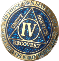 4 Year AA Medallion Reflex Glitter Blue Gold Plated Sobriety Chip Coin O... - $19.99