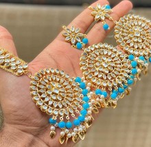 Kundan Indian Tikka Earrings Tika Jewelry Set Necklace Beautiful bLUE New j450 - £35.45 GBP