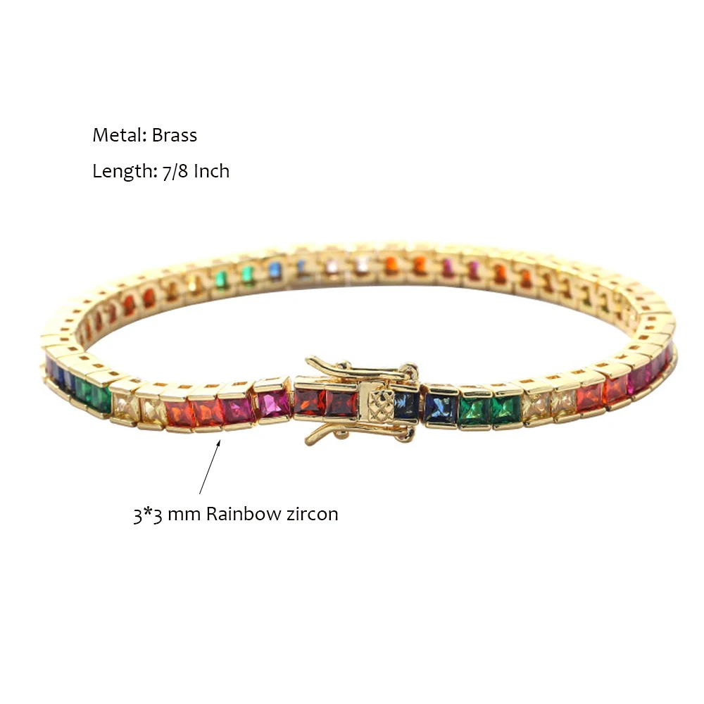 Brass 7/8 Inch 3*3 mm Rainbow Square Zircon Tennis Bracelet By Gold /Rhodium Pla - £39.18 GBP
