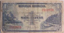 1951 Indonesai 1 Rupiah Note + 5 Bonus Notes, as Money Gift or Collection - $35.95