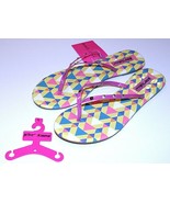 BETSEY JOHNSON Thongs FLIP FLOPS Flats Iconic PRINT Rhinestone YELLOW L ... - $95.03 CAD