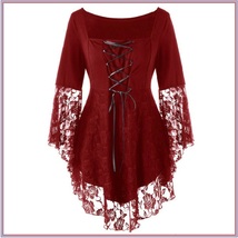 Wine Plus Size Gothic Lace Up Front Flare Sleeves Irregular Extended Lace Hem