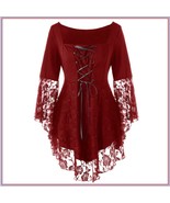 Wine Plus Size Gothic Lace Up Front Flare Sleeves Irregular Extended Lac... - £68.48 GBP