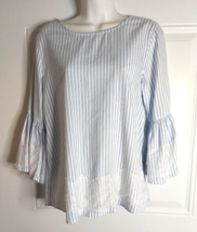 Blue Rain Blue White Striped Lace Trim Boho Bell Sleeve Tunic Top Blouse... - $12.34
