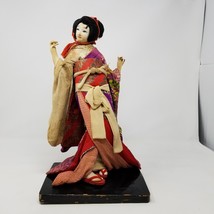 VINTAGE 15&quot; Japanese Geisha Doll with Red Kimono Fabric Face and Hands Wood Base - £31.54 GBP