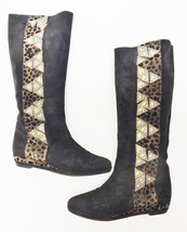 Nando Muzi Fashion Boots Leather Suede Metal Embellished Pull On Wedge Black 6M. - £75.04 GBP