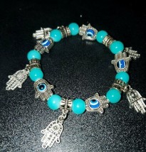 Silver Hamsa Hand Evil Eye Turquoise Color Beaded Dangle Stretch Bracelet 7.5 &quot; - £12.85 GBP