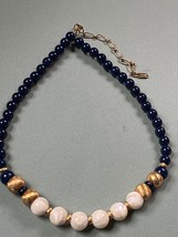 1928 Marked Navy Blue Plastic w Etched Goldtone &amp; Mother of Pearl Round Bead Nec - $18.49