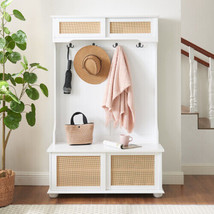 Casual Style Hall Tree Entryway Bench with Rattan Door Shelves and Shoe ... - $274.35