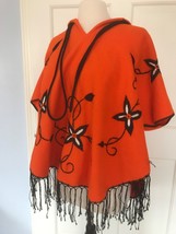 Vintage 40s Wool Felt Embroidered Mexico Poncho Fringed Orange Black - £46.69 GBP