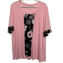 Women&#39;s Pink Black Gray Floral Short Sleeve Ribbed Blouse Size 1XL - $13.00 CAD