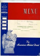 Corke&#39;ys Grill Menu N S Cohoes New York National&#39;s Eagle Blended Whiskey 1941 - $54.61