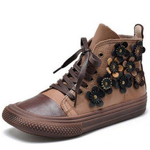 100% Natural Genuine Leather Sneakers Ankle Boots Classic Flowers Women&#39;s Vulcan - £82.38 GBP