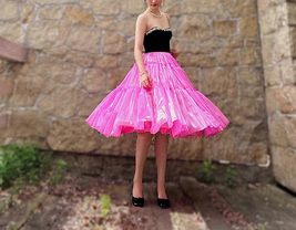 Hot Pink Fluffy Satin Midi Skirt Outfit Women A-line Plus Size Satin Prom Skirt image 2