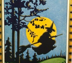 Halloween Postcard Whitney Witch On Broom Full Moon Checker Border NOS Fantasy - £77.11 GBP
