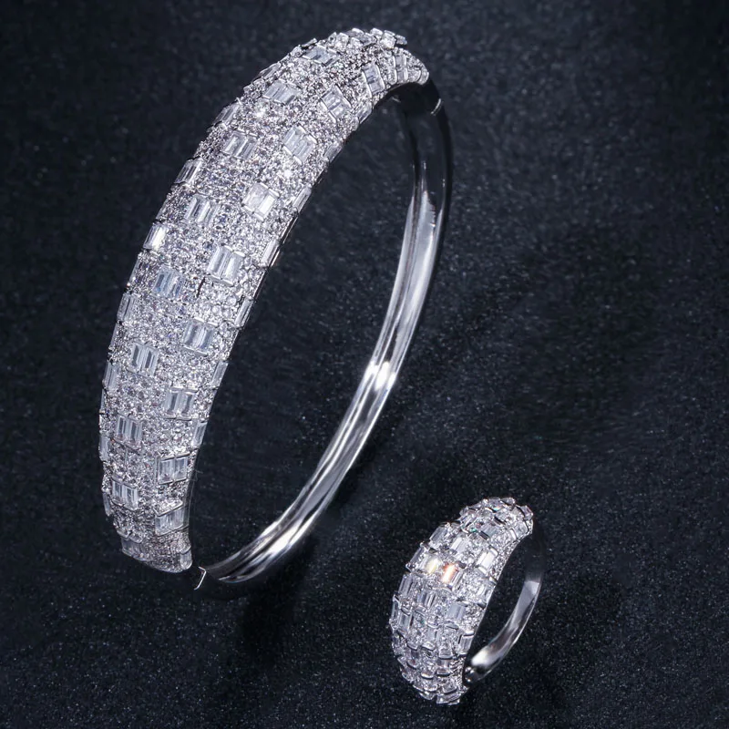Luxury Cubic Zirconia Rose GolWomen Wedding Party Bangle Bracelet and Rings Sets - £41.08 GBP