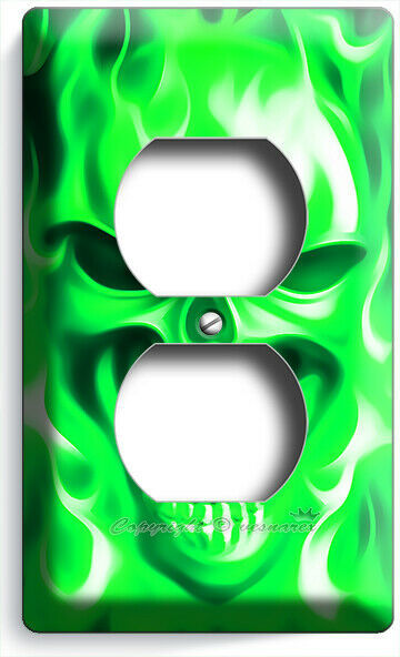 Primary image for GREEN FLAMES BURNING ANGRY SKULL OUTLET WALL PLATE BIKER MAN CAVE ROOM ART DECOR